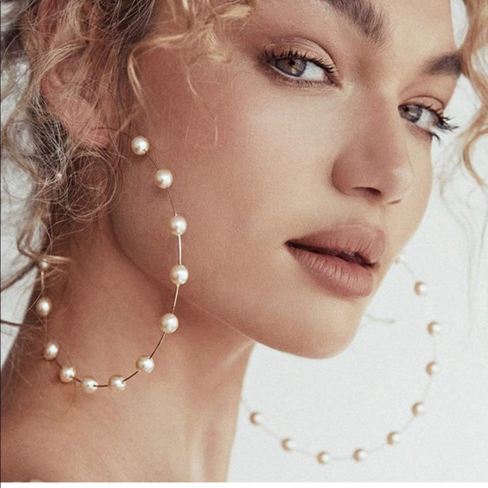 Gold Pearl Hoops. - Picture 3 of 4